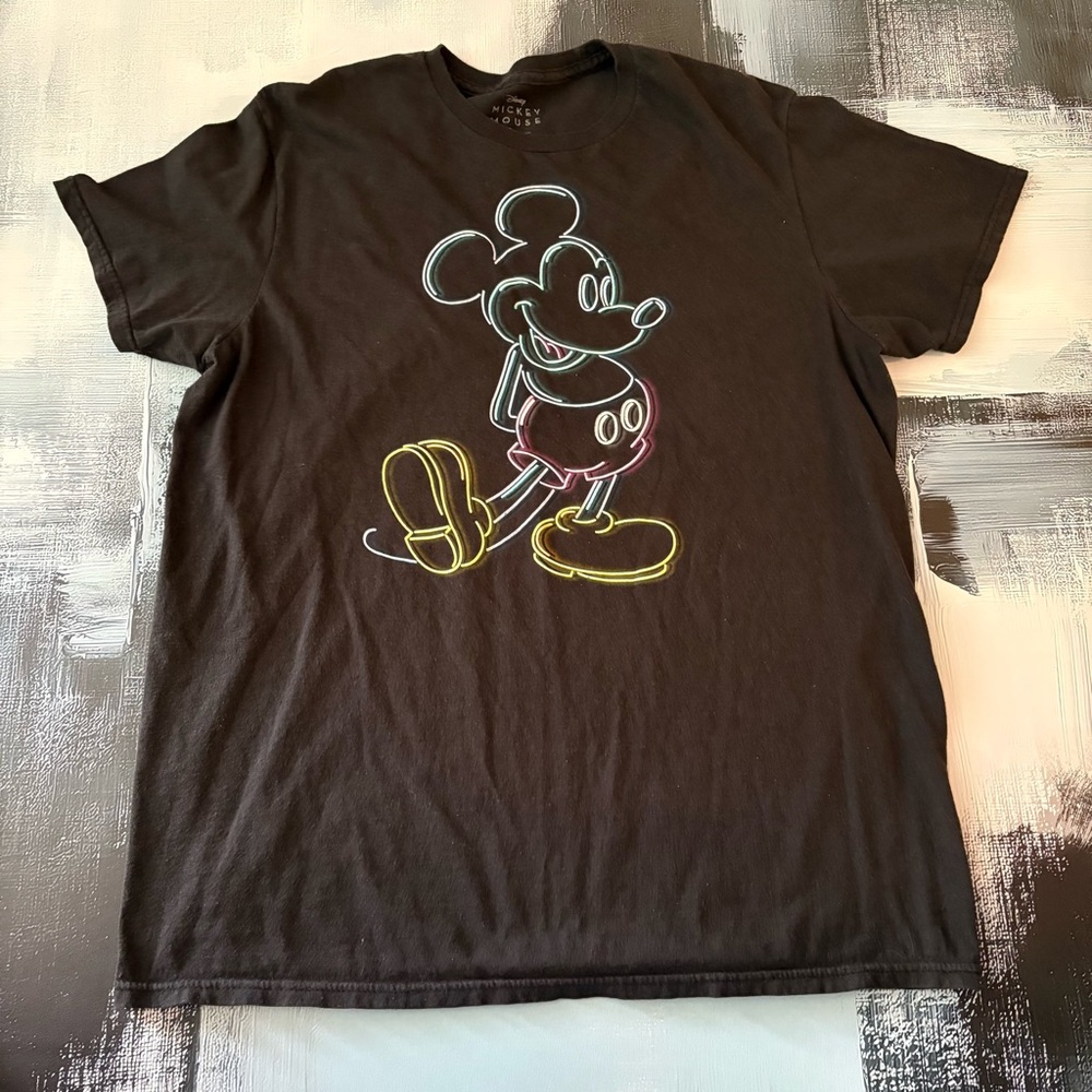Disney Mickey Mouse Neon Outline Graphic T-Shirt Black Tee Size Large